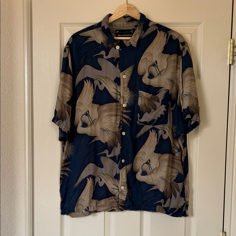 All Saints Blue and Tan Button-Up Shirt with Bird Print